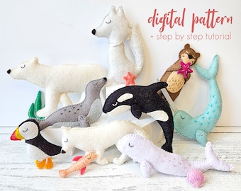 13-Piece Felt Arctic Animal PDF/SVG Pattern Set. Polar Animal Patterns. Winter Nursery Mobile. DIY Felt Orca, Sea Otter, Narwal Ornaments