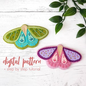 PDF Felt Pattern - Felt Embroidered Moth. Hand Embroidery Pattern. Moth Plush Pattern. Felt Animal Pattern. Embroidered Hair Clip Pattern
