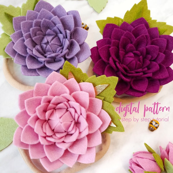 Felt Dahlia Headband PDF & SVG Pattern Digital Download, Felt Flower Pattern, DIY Flower Headband Tutorial