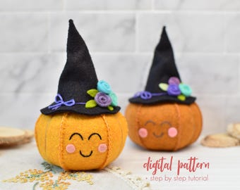 フェルト製カボチャの型紙。魔女の帽子をかぶったハロウィンカボチャの