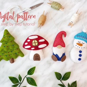 4 Felt Ornaments PDF Pattern Set. DIY Christmas Decoration Sewing Patterns. Felt Gnome, Snowman, Tree & Mushroom Winter Embroidery Patterns