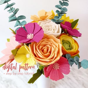 Felt Flower Bouquet Pattern Set - Instant Digital Download PDF & SVG. DIY Felt Flowers Craft Tutorial and Printable Patterns. 5 Felt Florals