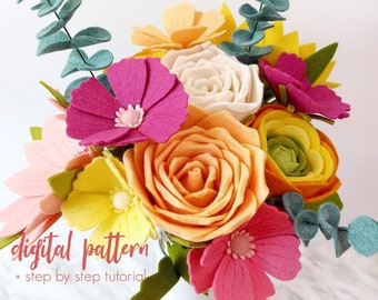 Felt Flower Bouquet Pattern Set - Instant Digital Download PDF & SVG. DIY Felt Flowers Craft Tutorial and Printable Patterns. 5 Felt Florals