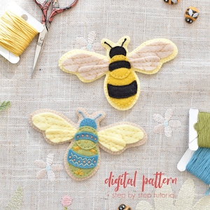 Abeille brodée - Patron de couture en feutre PDF, Patron d'insectes DIY, Tutoriel d'ornement d'abeille en feutre, Broderie facile d'animal, Guirlande de motifs insectes en feutre