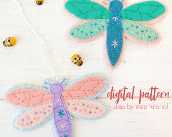 Felt Dragonfly Sewing Pattern, Embroidered Insect Pattern, Bug Ornament Decoration, DIY Craft Pattern, Felt Animal PDF Digital Download