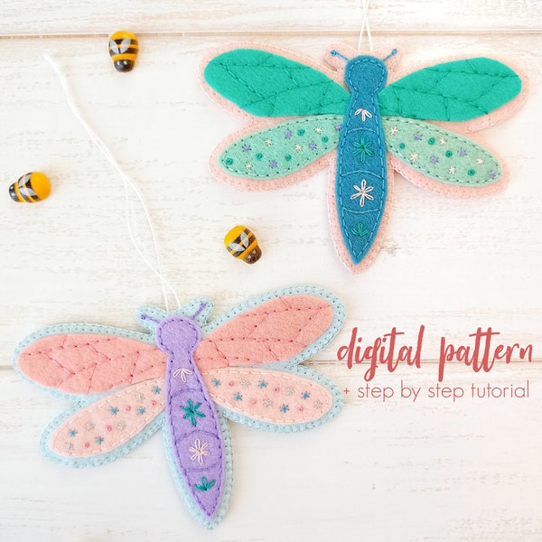 Felt Dragonfly Sewing Pattern, Embroidered Insect Pattern, Bug Ornament Decoration, DIY Craft Pattern, Felt Animal PDF Digital Download