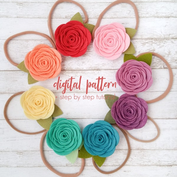 Felt Rose Headband PDF Pattern, Felt Flower SVG Pattern, Rose Flower Digital Download, Beginner Felt Flower DIY Tutorial, Flower Headband