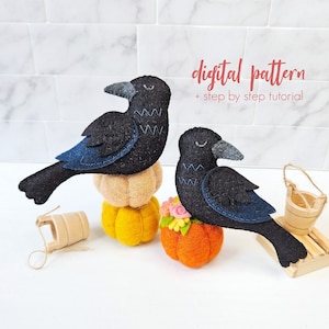 Felt Raven Pattern, Beginner Hand Sewing Tutorial. PDF & SVG Instant Download Crow Pattern. Black Bird DIY Felt Halloween Decor for Fall