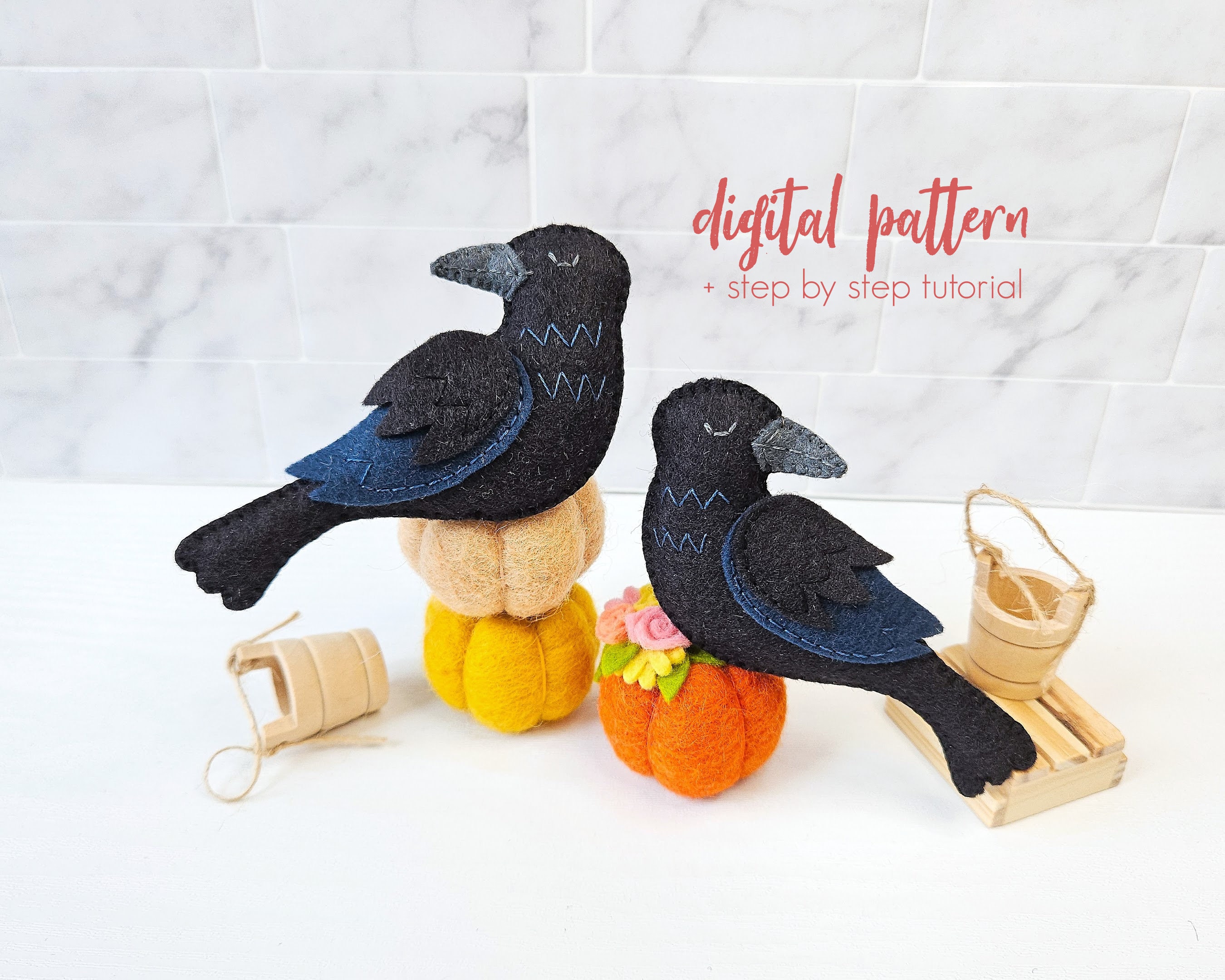 Felt Raven Pattern, Beginner Hand Sewing Tutorial. PDF & SVG Instant Download Crow Pattern. Black Bird DIY Felt Halloween Decor for Fall