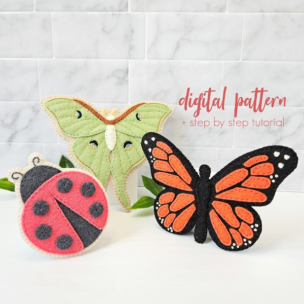 Felt Insect Sewing Pattern Set, Monarch Butterfly, Luna Moth and Ladybug Patterns. PDF Felt Animal Sewing Tutorial, DIY Bug Pattern Garland