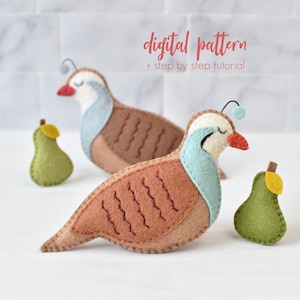 Op de afbeelding: Vilten patrijs- en perenornamenten. De patrijzen zijn bruin met blauwe en witte accenten, rode snavels en een klein blauw detail op hun hoofd. Er zijn ook twee groene peren met gele accenten. De tekst "digital pattern + step by step tutorial" staat in de afbeelding.