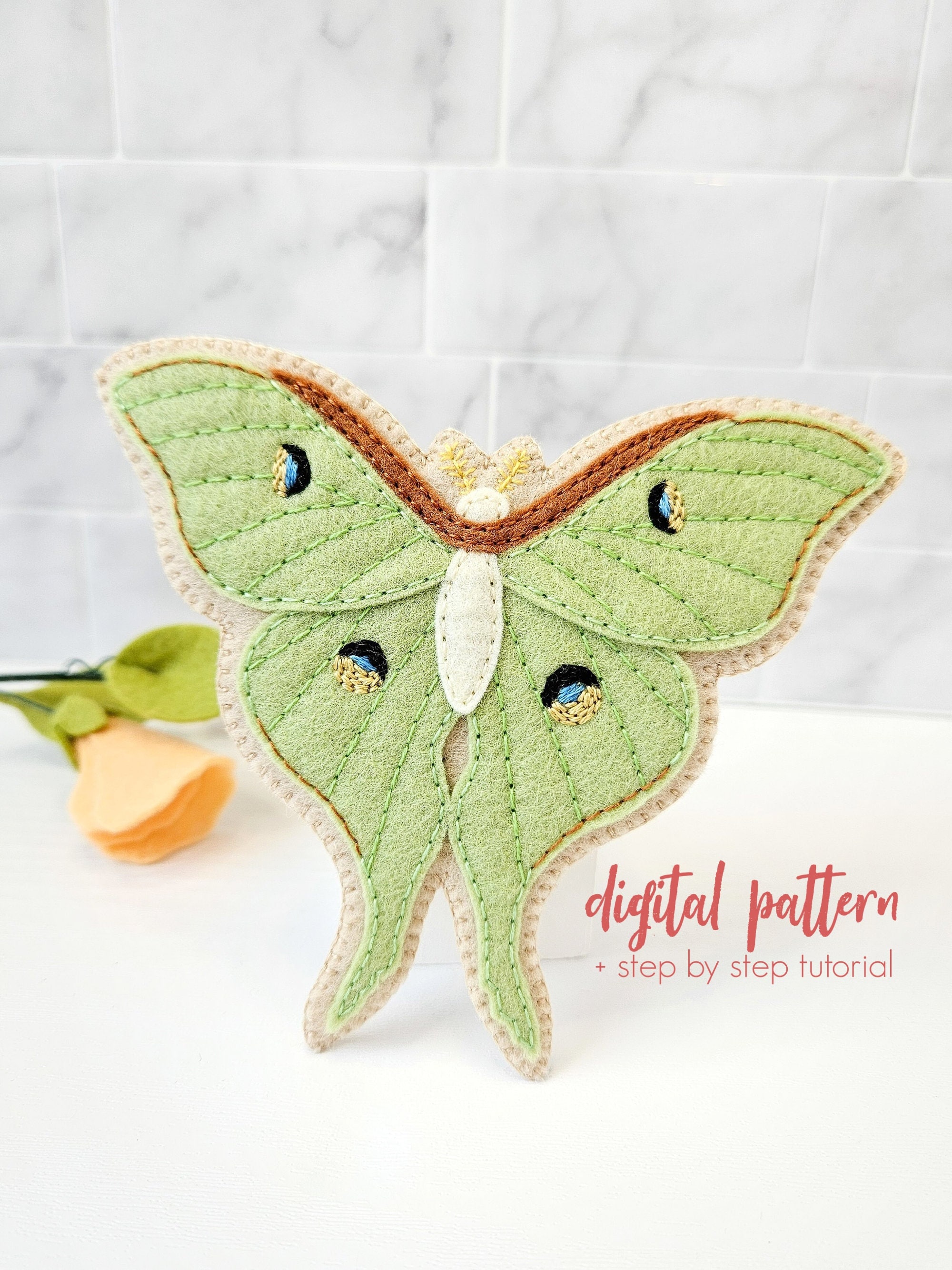 Felt Luna Moth Sewing Pattern - PDF & SVG Moth Pattern. Hand Embroidered Felt Insect. Felt Moth Sewing Tutorial. Ornament DIY Bug Hair Clip