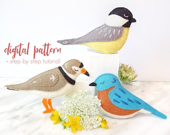 Filzmuster-Set von 3 Vögel - DIY gestickte Filzvogel-Ornamente. PDF-Schnittmuster. SVG Chickadee, Bluebird und Piping Plover Vorlagen