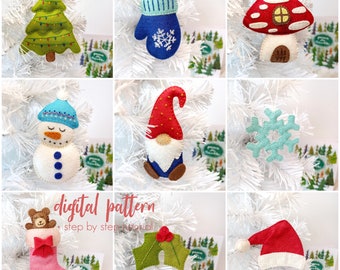 Felt Christmas Ornament PDF Patterns. 10 Piece Felt Sewing Pattern Set. DIY Embroidered Christmas Decorations.