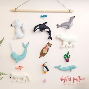 Felt Animal Mobile Pattern - 13 Piece Arctic Animals Set, DIY Baby Nursery Decor,  Winter Animal PDF Sewing Patterns, Felt Sewing Pattern