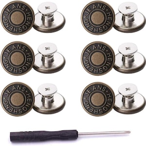 May include: Set of six bronze-colored jean buttons with the text "JEANS HENG SHENG" around the edge. Each button has a silver-colored stud and a small screwdriver.