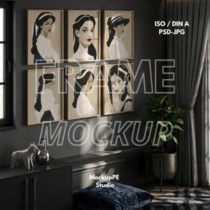 Op de afbeelding: Zes ingelijste kunstdrukken met gestileerde portretten van vrouwen met donker haar en rode lippenstift. Het kunstwerk wordt weergegeven op een donkergrijze muur, met een zwarte kast en decoratieve items op de voorgrond. De tekst "FRAME MOCKUP" staat over de afbeelding.