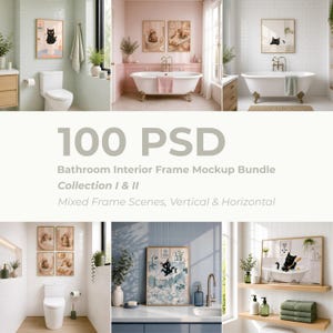 Puede incluir: Una colección de escenas de maquetas de marcos interiores de baño. La imagen muestra varios entornos de baño con obras de arte enmarcadas, bañeras y elementos decorativos. El texto de la imagen dice "100 PSD Bathroom Interior Frame Mockup Bundle Collection I & II Mixed Frame Scenes, Vertical & Horizontal."