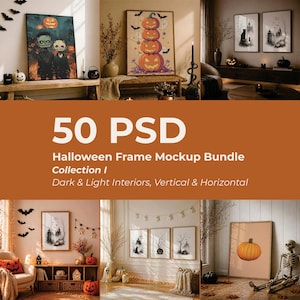 Puede incluir: Una colección de 50 maquetas de marcos PSD para Halloween con diversos interiores, marcos verticales y horizontales que muestran arte espeluznante, incluyendo calabazas, fantasmas y esqueletos, en formato digital.