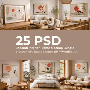 Japandi Frame Mockup Bundle 25 PSD | Horizontal Poster Mockups | Japanese Wabi Sabi Zen Interior Display Scenes Smart Object