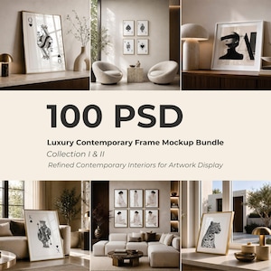 May include: A digital bundle of 100 PSD frame mockups featuring various interior settings with framed artwork, including playing card designs, portraits, and animal prints, displayed in living rooms with neutral furniture and lighting.