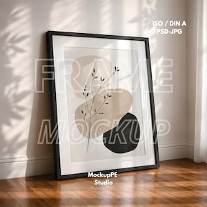 Black Frame Mockup PSD JPG With Mat | Iso Din A Floor Leaning Poster Display | Modern Wall Art Mockup With Glass Reflection Smart Object