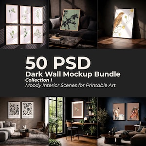 Puede incluir: Una colección de impresiones artísticas enmarcadas exhibidas en un interior oscuro. Las impresiones presentan ilustraciones botánicas, siluetas de caballos y obras de arte de aves. La imagen también incluye el texto "50 PSD Dark Wall Mockup Bundle Collection I Moody Interior Scenes for Printable Art."