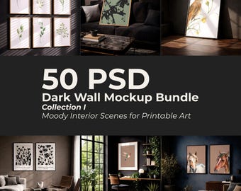 50 Dark Wall Mockup Bundle PSD | Moody Interior Frame Mockups | Vertical ISO DIN A | Living Room Bedroom Dining Room Scenes