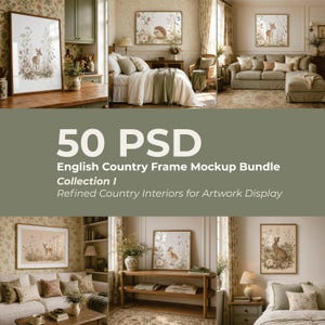 Może przedstawiać: Kolekcja 50 plików PSD English Country Frame Mockup Bundle Collection I Refined Country Interiors for Artwork Display przedstawiająca różne sceny wnętrz z oprawionymi ilustracjami botanicznymi i zwierzęcymi na ścianach.