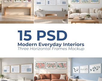 May include: A collection of 15 PSD digital mockups featuring three horizontal frames displayed on various interior walls. The set includes diverse room settings with different art prints, frame styles, and furniture arrangements for professional display.