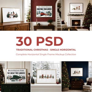 May include: A collection of 30 PSD horizontal single frame mockups featuring various Christmas-themed interior settings. Each mockup displays a blank or illustrated horizontal frame placed in festive rooms with holiday decor and Christmas trees.