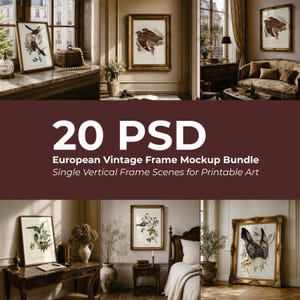 European Vintage Frame Mockup Bundle 20 PSD | Antique Classic Poster Mockups | Single Vertical Heritage Interior Display Scenes