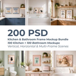 Könnte beinhalten: Ein digitales Paket mit 200 PSD-Rahmen-Mockups, bestehend aus 100 Küchen- und 100 Badszenen. Die Sammlung umfasst vertikale, horizontale und Mehrfachrahmen-Layouts, die in verschiedenen Innenräumen mit unterschiedlicher Wandkunst gezeigt werden.