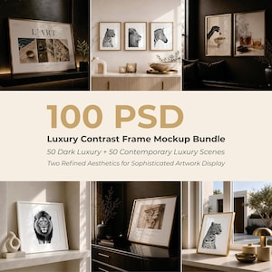 Peut inclure: Un ensemble numérique de 100 maquettes de cadres contrastés de luxe au format PSD, comprenant 50 scènes de luxe sombres et 50 scènes de luxe contemporaines. La collection présente divers intérieurs avec des œuvres encadrées d'animaux et d'architecture.