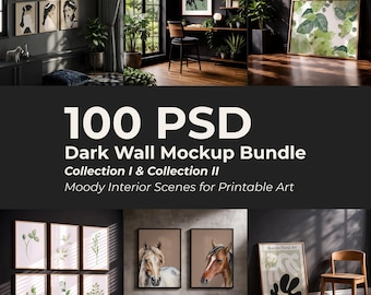 Paquete de 100 maquetas de paredes oscuras en formato PSD / Maquetas de marcos interiores con ambiente sombrío / Formatos ISO DIN A verticales y horizontales / Escenas de sala de estar, dormitorio y comedor