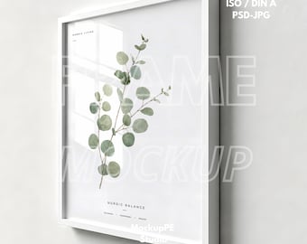 ISO A4 White Frame Mockup | Vertical Poster Mockup | Side Perspective Wall Mockup With Glass Reflection Smart Object