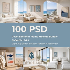 Op de afbeelding: Een collectie van 100 PSD kust-interieurlijst mockups met diverse lichte en luchtige strandthema kamerinstellingen. De afbeeldingen tonen verticale en horizontale lijsten aan muren, met kunstwerken in blauwe, witte en koraalkleurige paletten.