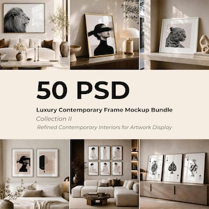 May include: A collection of 50 PSD luxury contemporary frame mockups featuring various interior settings with artwork displays, including framed prints of a lion, a person with a brushstroke over eyes, a leopard, and playing card suits.