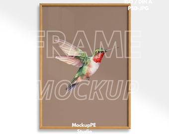 Natural Wood Frame Mockup PSD | Minimal Poster Display | Vertical Wall Art Mockup With Glass Reflection Smart Object Interior