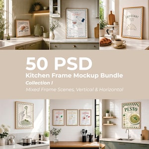 May include: A digital bundle of 50 PSD kitchen frame mockups featuring various vertical and horizontal scenes. The collection includes framed wall art prints with illustrations of food and drinks like cornetto, vermut, croissant, and pesto.