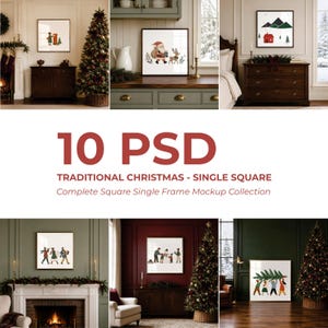 May include: A collection of 10 square frame mockups featuring various Christmas-themed illustrations, including Santa Claus, a red cabin, and people carrying a tree, displayed in diverse interior settings with festive holiday decor and furniture.
