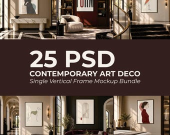 May include: A collection of 25 PSD vertical frame mockups featuring various interior settings. The images display diverse wall art including abstract figures, a crane illustration, a greyhound, and the text FORM, presented in elegant rooms.