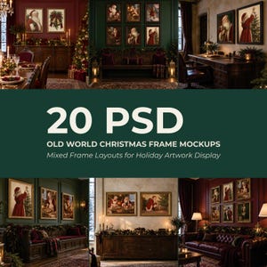 Może przedstawiać: Kolekcja 20 makiet ramek świątecznych w stylu old world w formacie PSD, prezentująca różne wnętrza z grafikami świątecznymi. Obrazy przedstawiają ozdobne ramki na ciemnych ścianach z ilustracjami Świętego Mikołaja.
