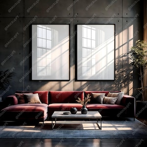 May include: A modern living room featuring a burgundy sectional sofa with decorative pillows, a rectangular coffee table, and two framed art pieces. The room has a dark gray concrete wall and a rug.