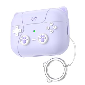 May include: A light purple protective case for wireless earbuds, designed to resemble a video game controller. The case features a D-pad, paw print buttons, and a cat ear design. Includes a silver ring with cat ear accents.