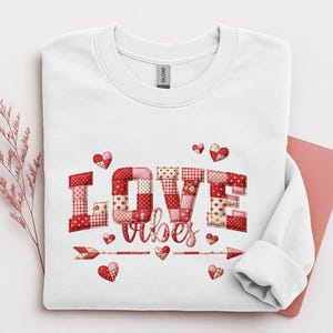 Love Vibes Faux Patchwork White Cotton Pull over, Crewneck Sweatshirt, Trendy Unisex Top