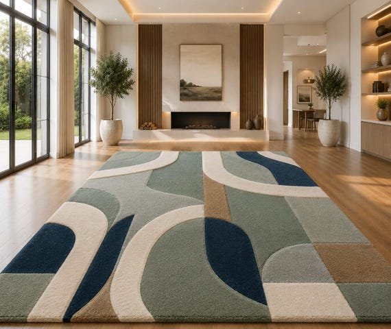 Modern Abstract Area Rug, Sage Green Navy Blue Cream Geometric Rug, Handmade Carpet