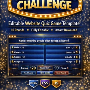 Modello di sito web per quiz modificabile, gioco di società in stile sondaggio, download digitale HTML CSS JS, gioco di team building, sito web per serate di giochi