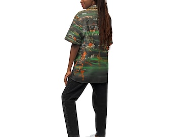 Shirt met bosschorsknop – uniseks oversized top met natuurprint