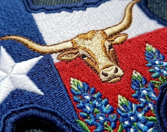 Texas State Map Patch - Longhorn and Bluebonnet Embroidery - Lone Star Flag Badge - Western Cowboy Gift - Iron On Texas Pride Accessory
